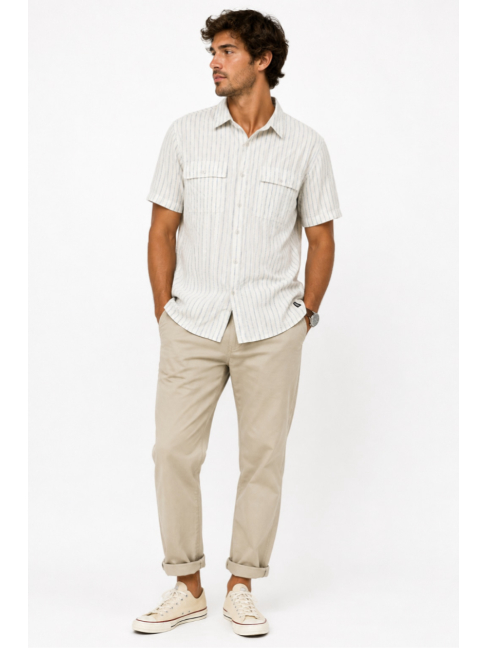 prAna Torres Button Down Shirt Men Large White Blue Striped